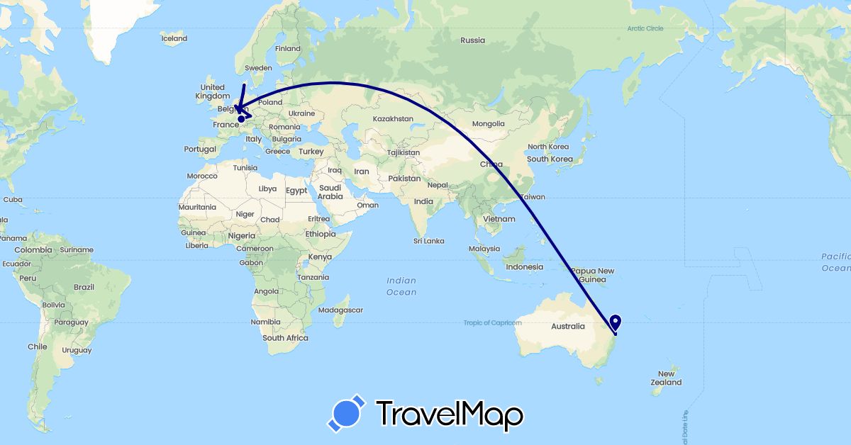 TravelMap itinerary: driving in Australia, Germany, Denmark, Netherlands (Europe, Oceania)